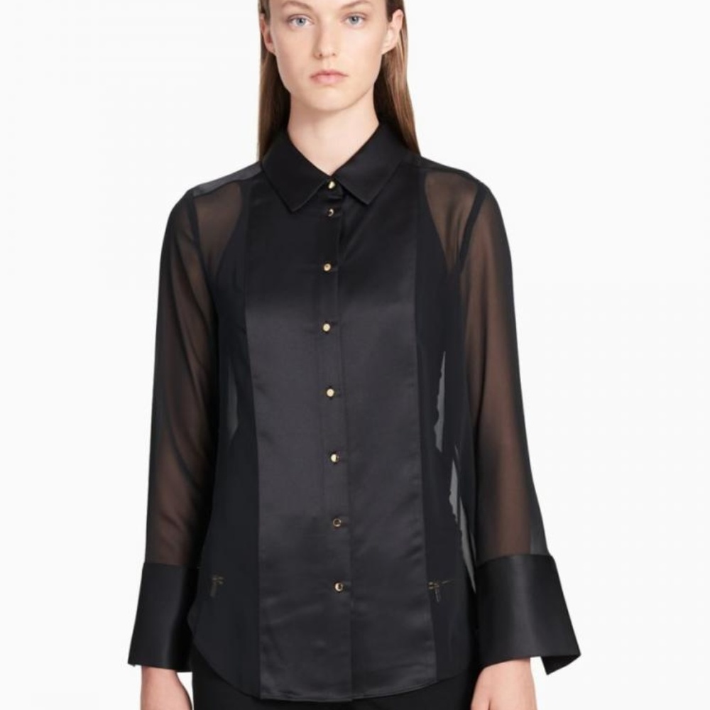Calvin Klein Black Satin/Sheer Blouse Size S - NWT